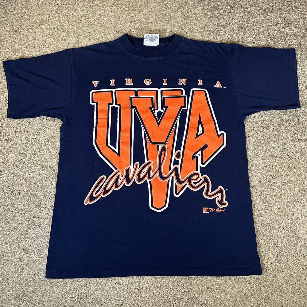 Vintage 90s UVA Virginia Cavaliers Big Spell Out The Game T-Shirt Size L USA